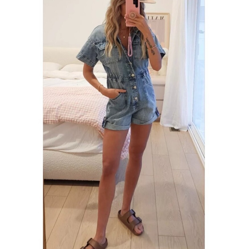 Free People Light Wash Denim Short Sleeve Romper